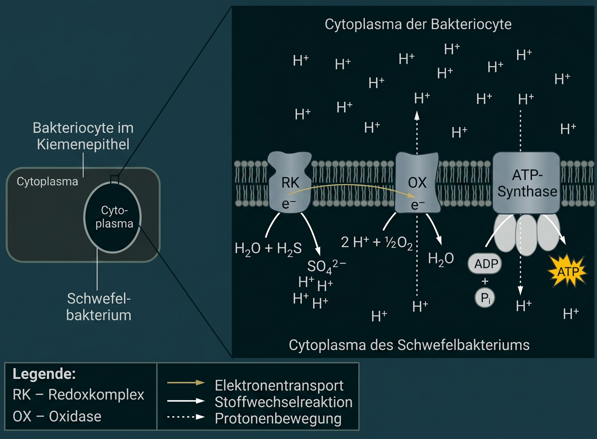 Schema eines Schwefelbakteriums mit Elektronentransport, Protonenbewegung und ATP-Synthese an der Membran.